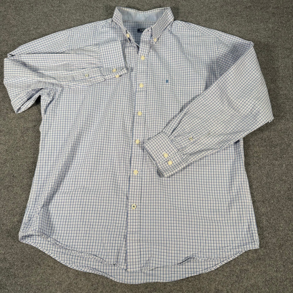 IZOD Mens Blue Plaid Long Sleeve Button Down Shirt Cotton Size Large #4406